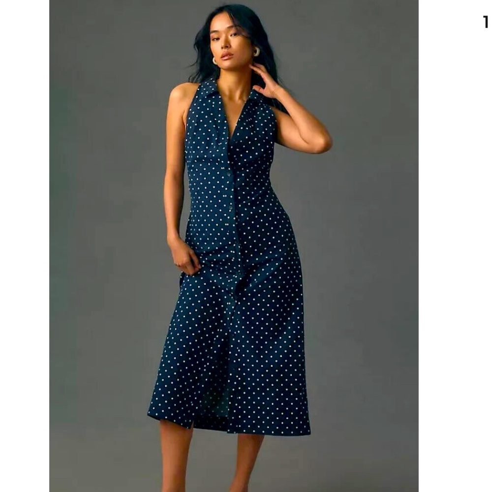 NWT Maeve Halter Slim Midi Shirt Dress Sz XSmall Navy Polka Dot!